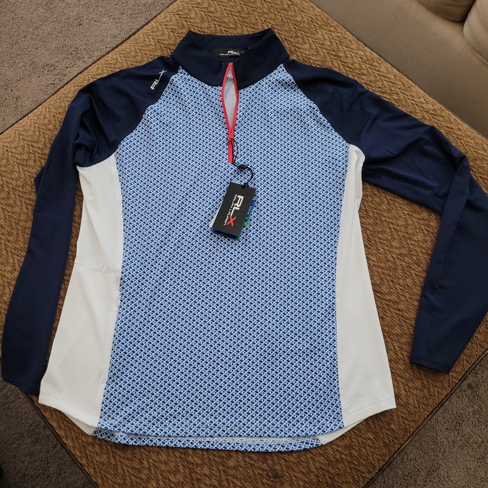 Ralph Lauren RLX Blue and White Long Sleeve Athletic Top